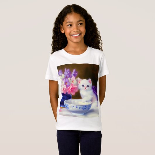 White Kitten met Paars lintje T-shirt (Voorkant volledig)