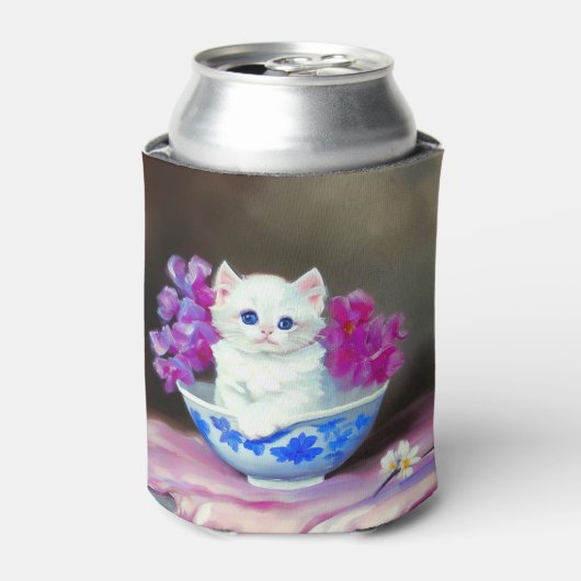  White Kitten met roze bloemen Blikjeskoeler (Blikje Voorkant)