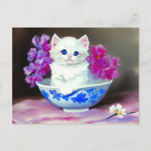 White Kitten met roze bloemen Briefkaart