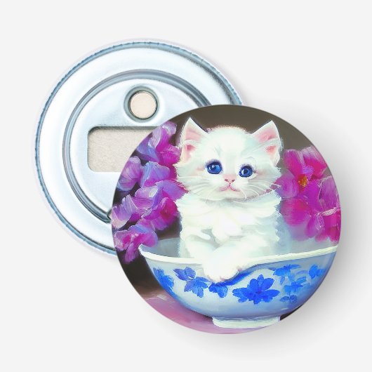  White Kitten met roze bloemen Button Flesopener (Voorkant)