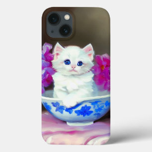 White Kitten met roze bloemen iPhone 13 Hoesje