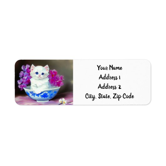 White Kitten met roze bloemen Etiket (Voorkant)