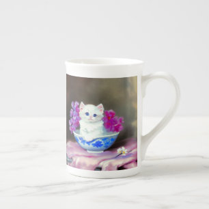  White Kitten met roze bloemen Porselein Kop