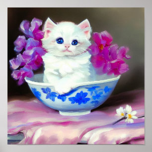 White Kitten met roze bloemen Poster