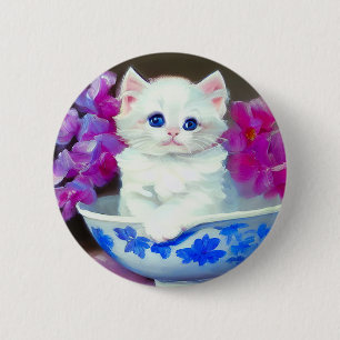 White Kitten met roze bloemen Ronde Button 5,7 Cm