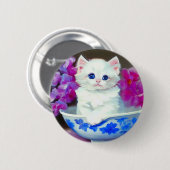  White Kitten met roze bloemen Ronde Button 5,7 Cm (Voorkant /achterkant)