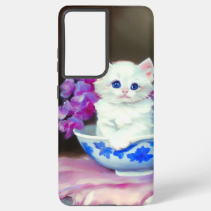 White Kitten met roze bloemen Samsung Galaxy Hoesje