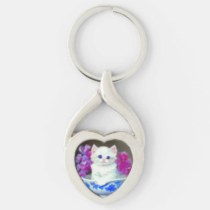  White Kitten met roze bloemen Sleutelhanger