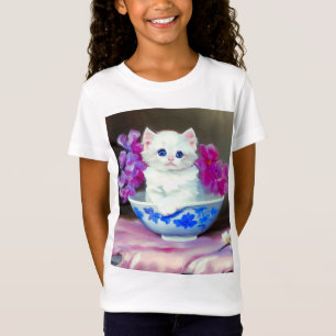 White Kitten met roze bloemen T-shirt