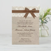 White Lace and Burlap Wedding Invitation- Brown Kaart (Staand voorkant)