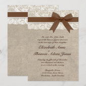 White Lace and Burlap Wedding Invitation- Brown Kaart (Voorkant / Achterkant)