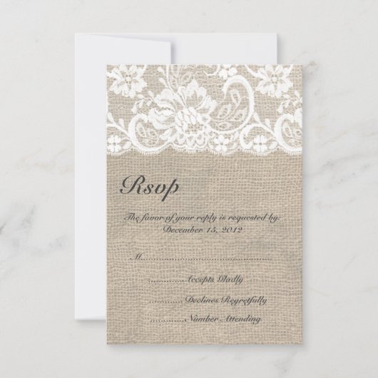 White Lace and Burlap Wedding RSVP Card (Voorkant)