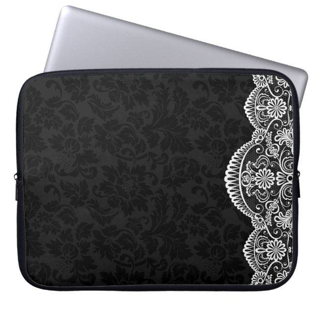 White  Lace Black Damaskers Laptop Sleeve (Voorkant)