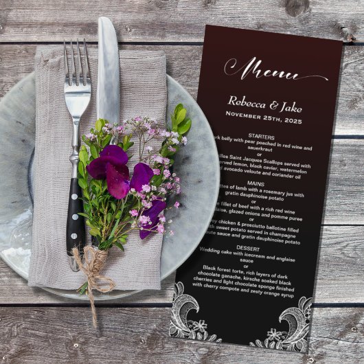 White Lace Black en Burgundy Wedding Menu