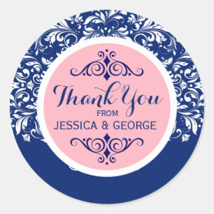 White Lace Blue Background Pink Accent Bedankt 2 Ronde Sticker