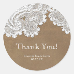 White Lace & Brown Rustic Chic Elegant Wedding Ronde Sticker