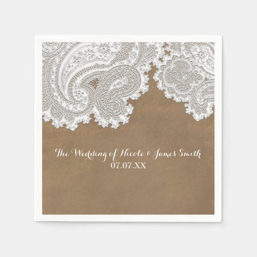 White Lace & Brown Rustic Chic Elegant Wedding Servetten (Voorkant)