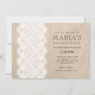 White Lace & Burlap 50th Birthday Party Invite Kaart