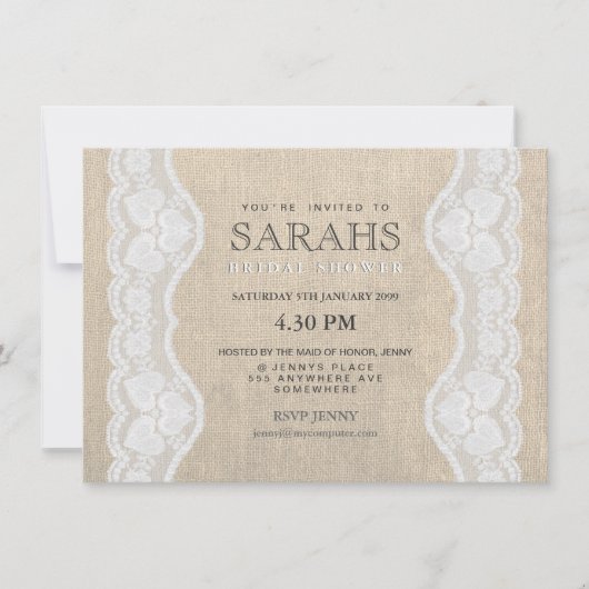 White Lace & Burlap Vrijgezellenfeest Party Invite Kaart (Voorkant)