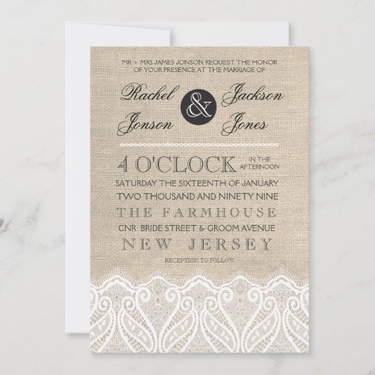  White Lace & Burlap Wedding Invitation Kaart (Voorkant)