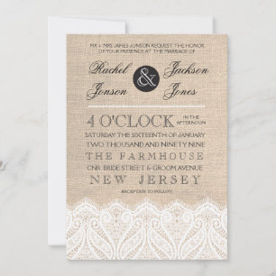  White Lace & Burlap Wedding Invitation Kaart