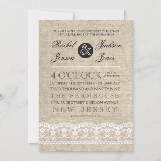  White Lace & Burlap Wedding Invitation Kaart (Voorkant)
