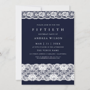 White Lace Elegant Navy Blue 50th Birthday Invite Kaart