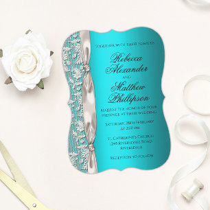 White Lace en Satin Ribbon Aqua Wedding Kaart