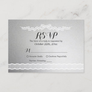 White Lace en Silver Background Wedding RSVP Kaart