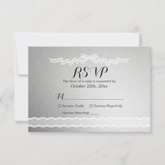 White Lace en Silver Background Wedding RSVP Kaart (Voorkant)