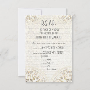 White lace filigree old parchment bruiloft R.S.V.P RSVP Kaartje