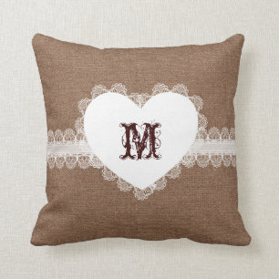 White Lace Heart Monogram on Burlap - Shabby Chic Kussen