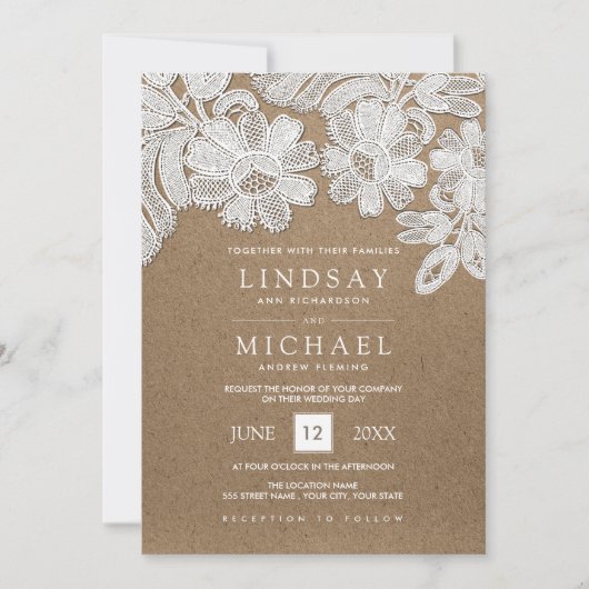 White Lace | Kraft Paper Wedding-uitnodigingen Kaart (Voorkant)