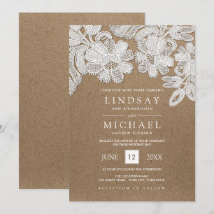 White Lace   Kraft Paper Wedding-uitnodigingen Kaart