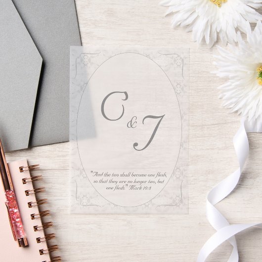White Lace Monogram & Bijbelvers Overlay Vellum Uitnodigingen