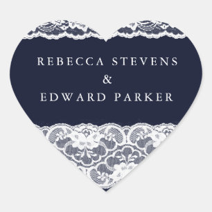 White Lace Navy Blue Elegant Modern Wedding Hart Sticker