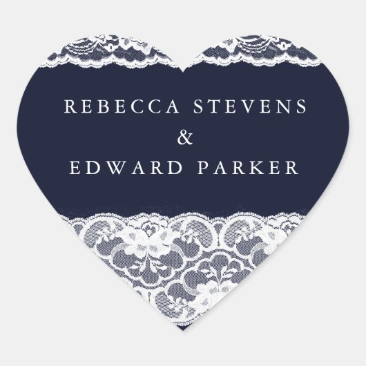 White Lace Navy Blue Elegant Modern Wedding Hart Sticker (Voorkant)