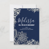 White Lace Navy Blue, jij wordt mijn bruidsmeisje Kaart (Voorkant)