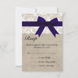 White Lace NavyRibbon and Burlap Wedding RSVP Card Kaartje