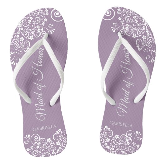 White Lace on Dusty Paars Maid of Honor Wedding Teenslippers (Voetbed)