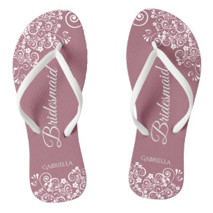 White Lace on Dusty Roos Bridesmaid Wedding Teenslippers