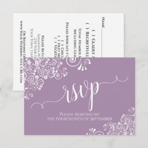 White Lace on Lavender Elegant Calligraphy Wedding RSVP Kaartje