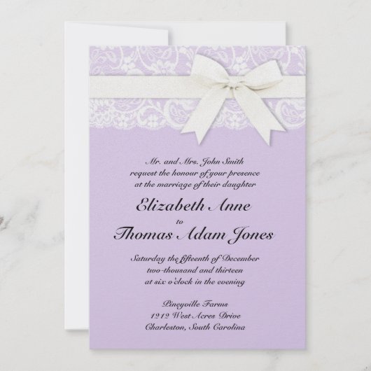 White Lace on Lila Wedding Invitation Kaart (Voorkant)