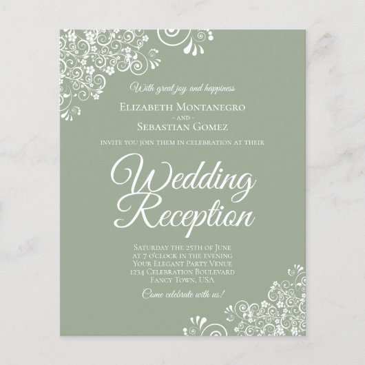 White Lace on Sage BUDGET Wedding Reception Invite (Voorkant)