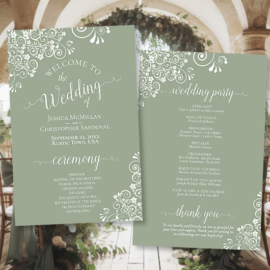 White Lace on Sage Green Budget Wedding Programme