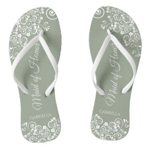 White Lace on Sage Green Maid of Honor Wedding Teenslippers