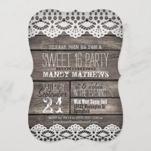 White Lace op Rustic Brown Wood Sweet 16 Party Kaart