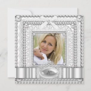 White Lace Pearl Foto Birthday Party Kaart