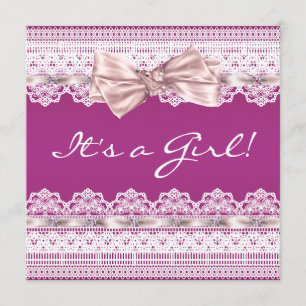 White Lace Pink Ribbon Hot Pink Baby shower Kaart