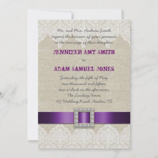 White Lace Rustic Wedding | Paarse linnenlint Kaart (Voorkant)